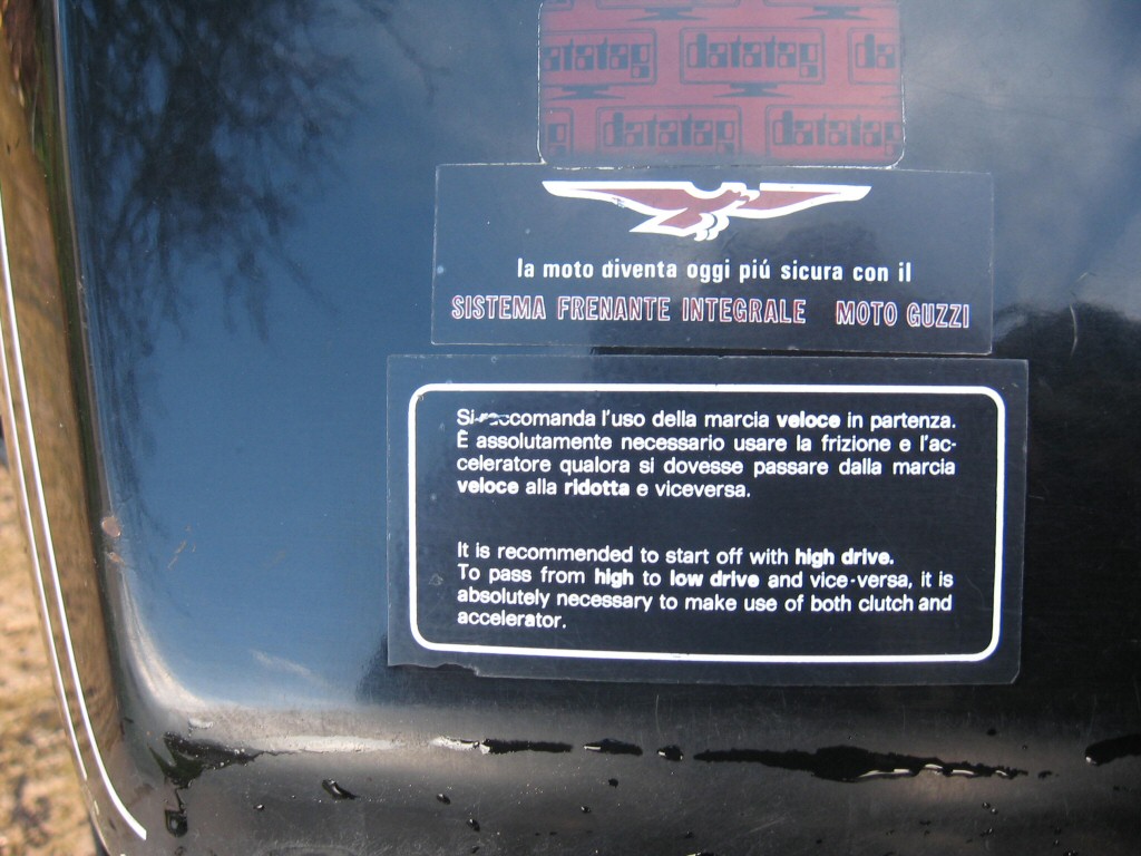 Decal as affixed to the top of a Moto Guzzi I-Convert fuel tank. Norman states: They are from a 1981 UK registered Convert but I've no way of knowing if the tank is original to that bike.
