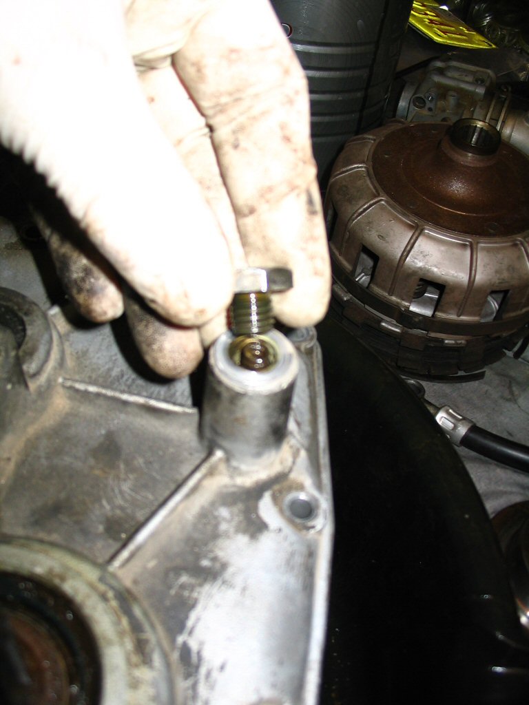 Set the transmission up on end. Remove the spring loaded plug that holds gear selector pawl in place.