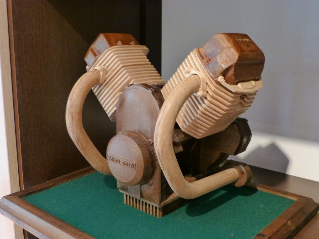 Wood model of a Moto Guzzi engine.