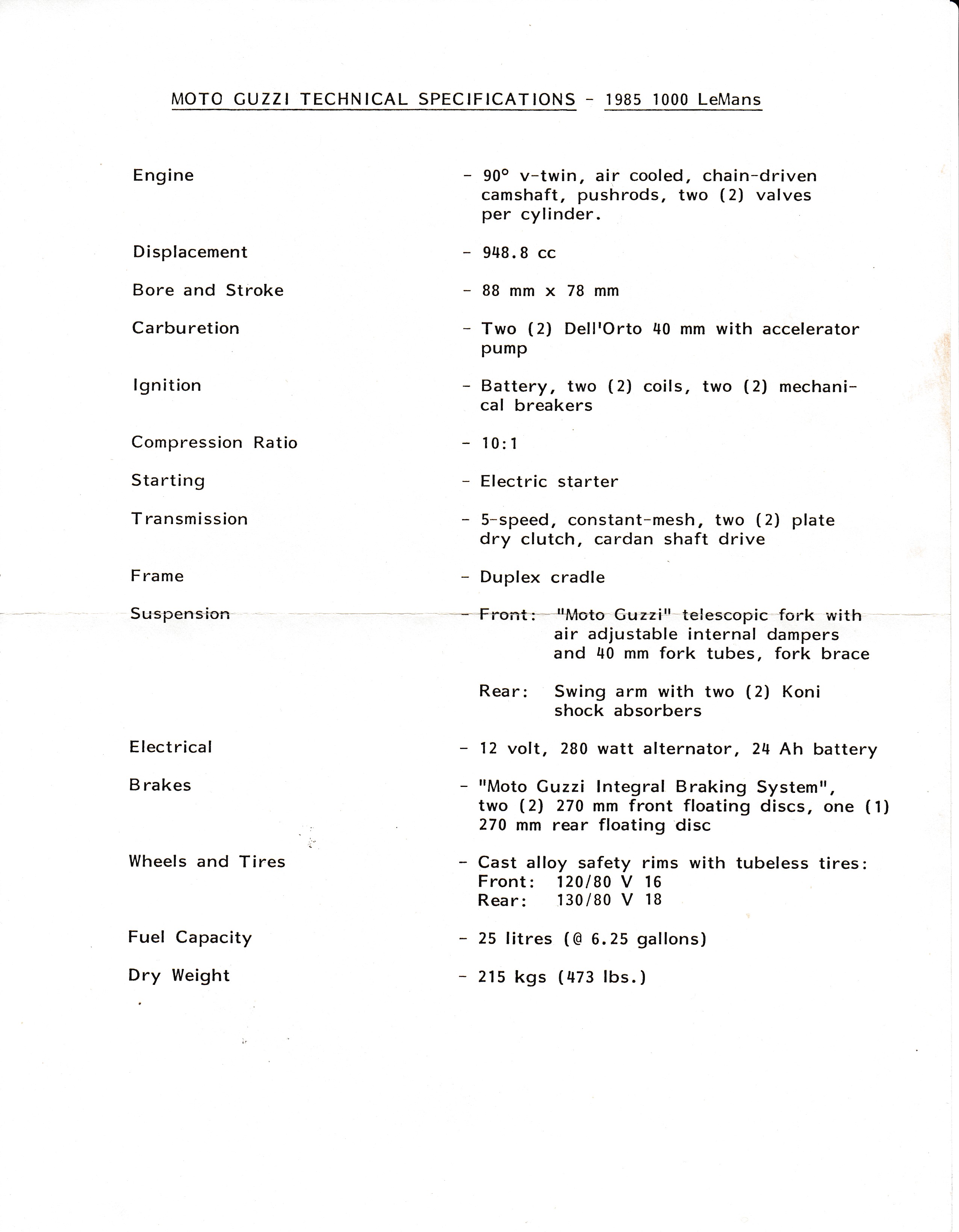 Moto Guzzi 1000 Le Mans technical specifications
