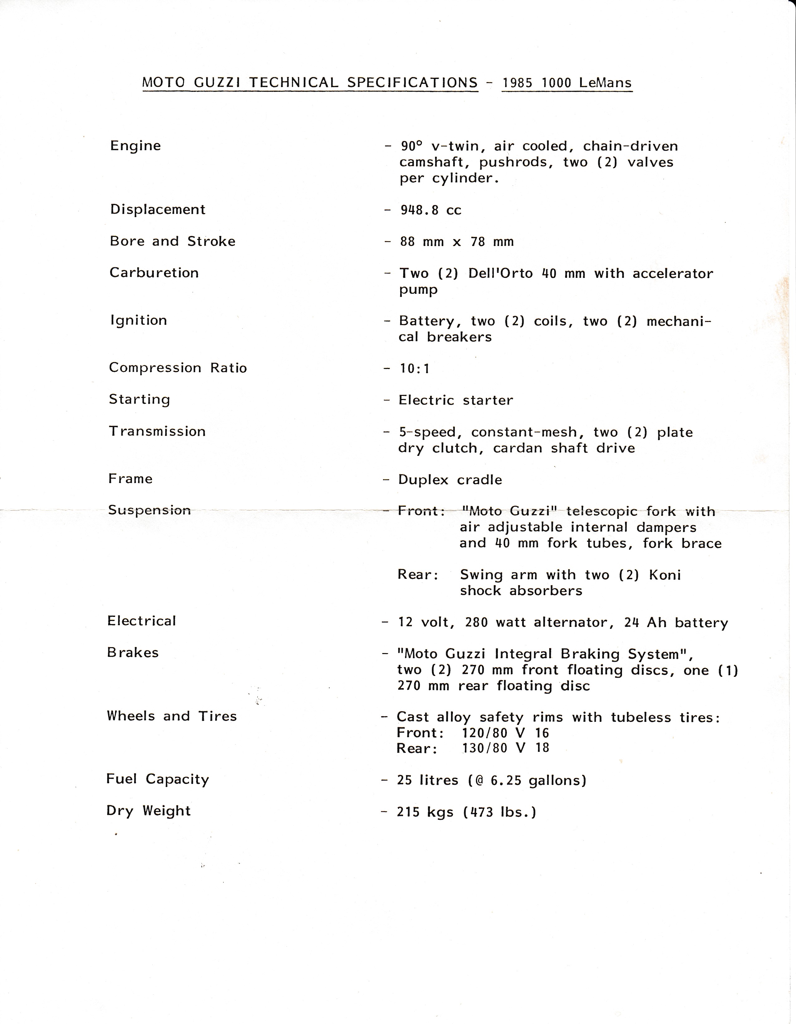 Moto Guzzi 1000 Le Mans technical specifications