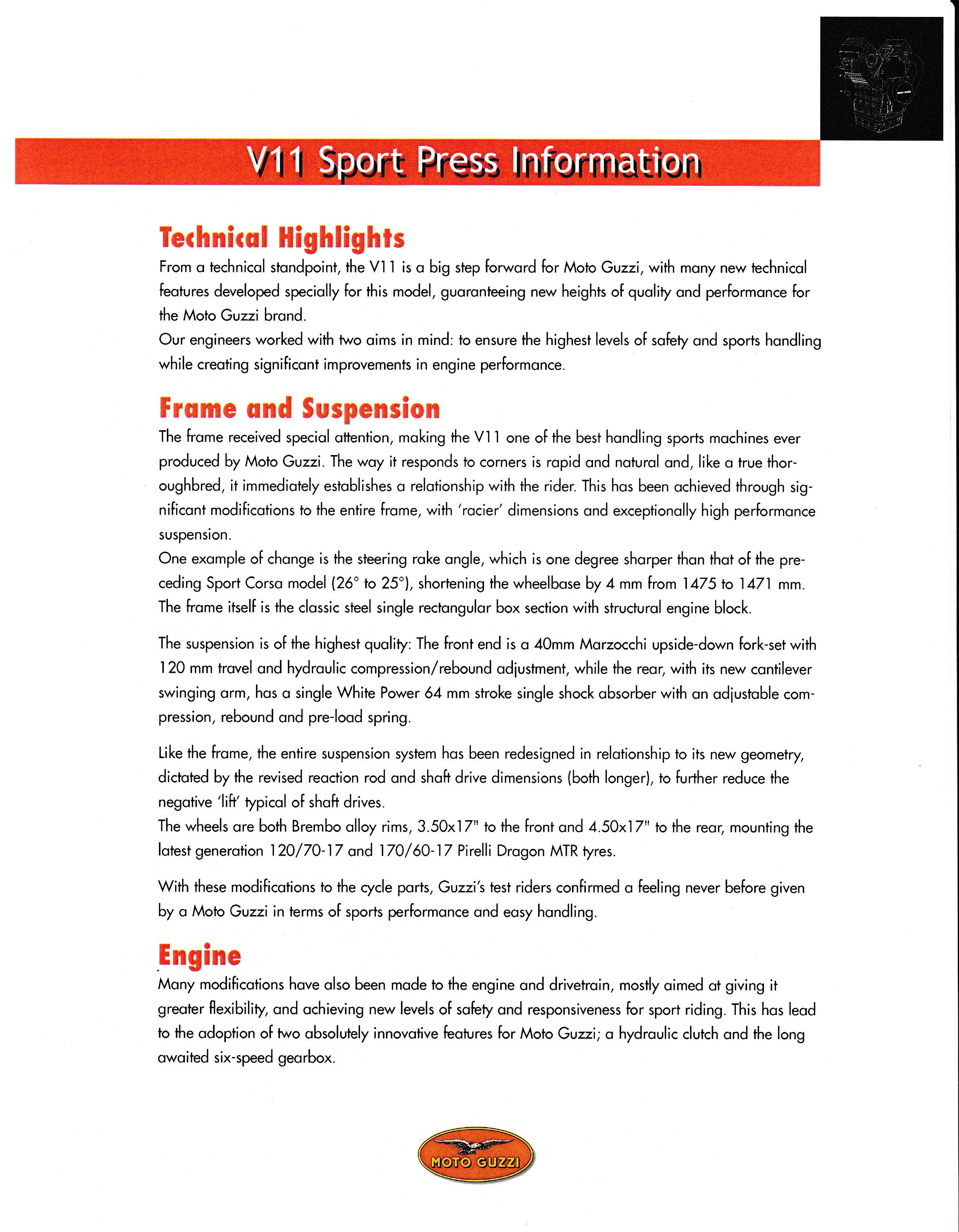 Press release - Moto Guzzi V11 Sport press kit and test bike scheduling (2000 June 07)