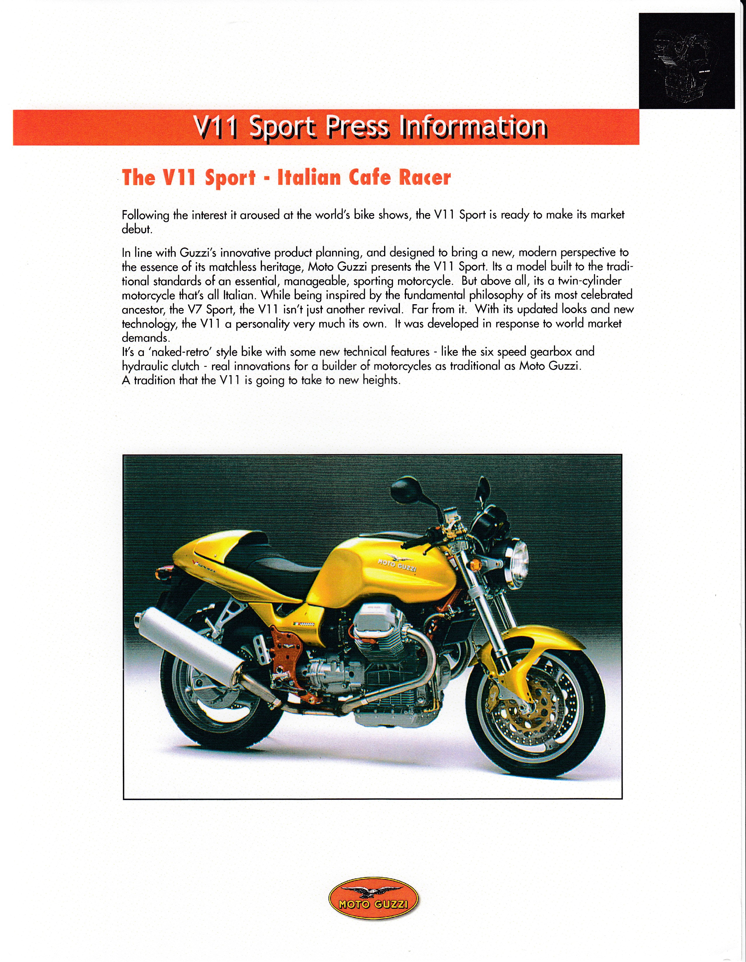 Press release - Moto Guzzi V11 Sport press kit and test bike scheduling (2000 June 07)