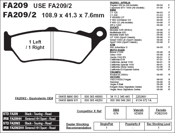 Snapshot from the EBC catalog: FA209 for Moto Guzzi Quota 1100 ES front brake.