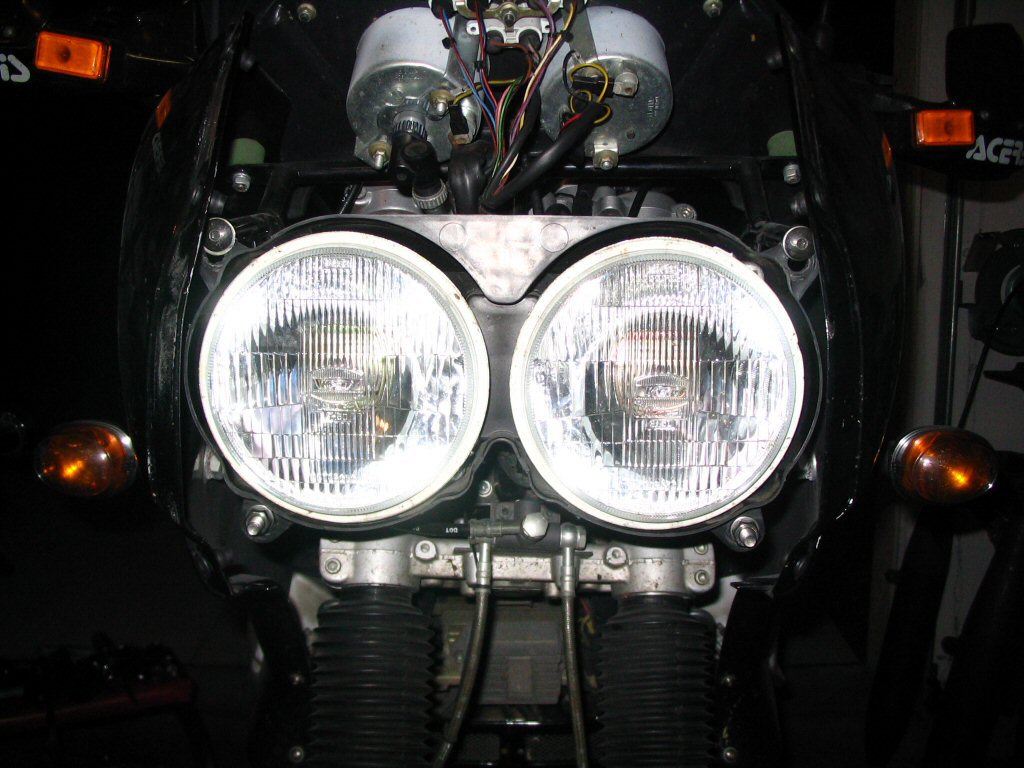 View of headlight mounted. Mounting a Yamaha FZR headlight to a Moto Guzzi Quota 1100 ES.