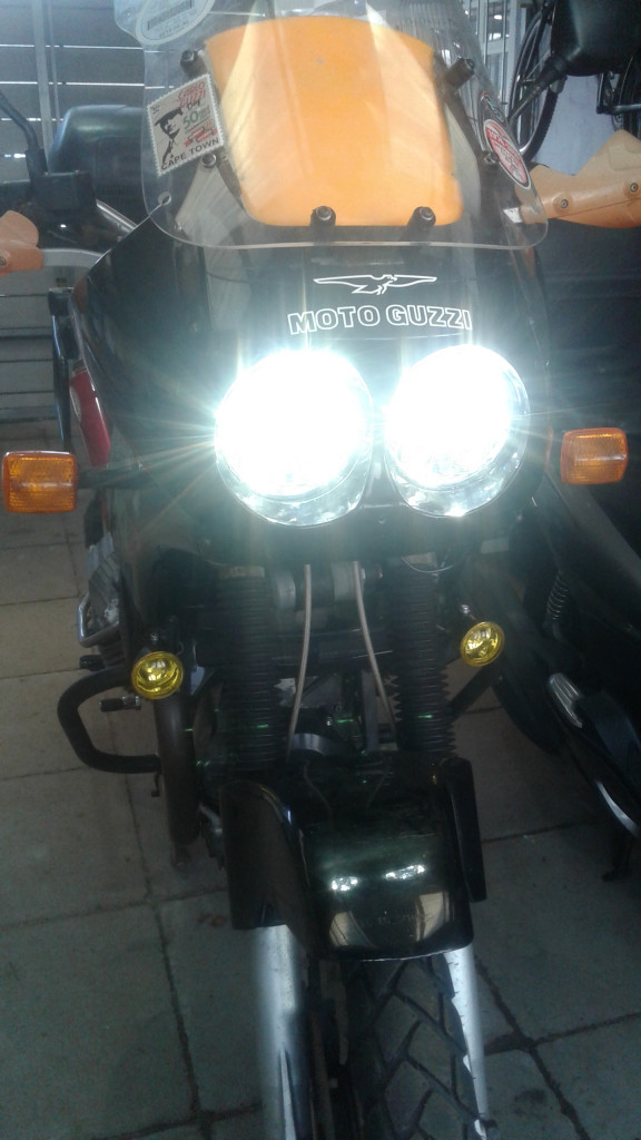 Custom bracket to fit LED lights on a Moto Guzzi Quota 1000 (or Quota 1100 fit with a Quota 1000 fairing)