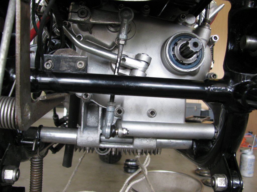 Rear view of transmission, shift linkage and levers in place.
