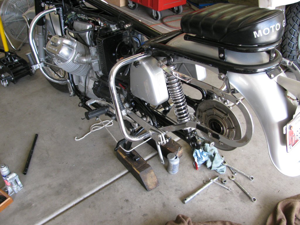 Swing arm, shocks, and rear drive in place.