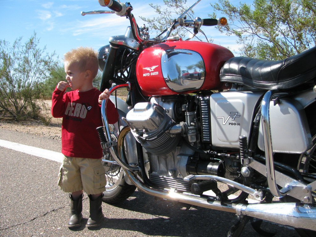 Robert Scharf's Moto Guzzi V700 with Abraham Zane Bender.