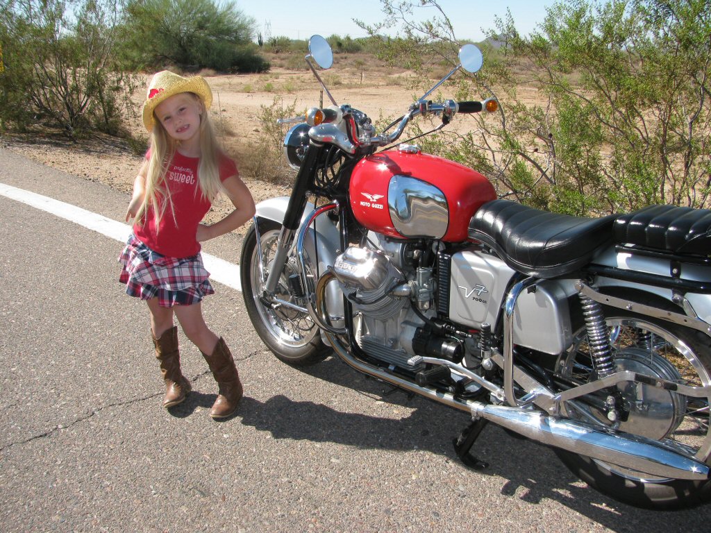 Robert Scharf's Moto Guzzi V700 with Darby Anne Bender.