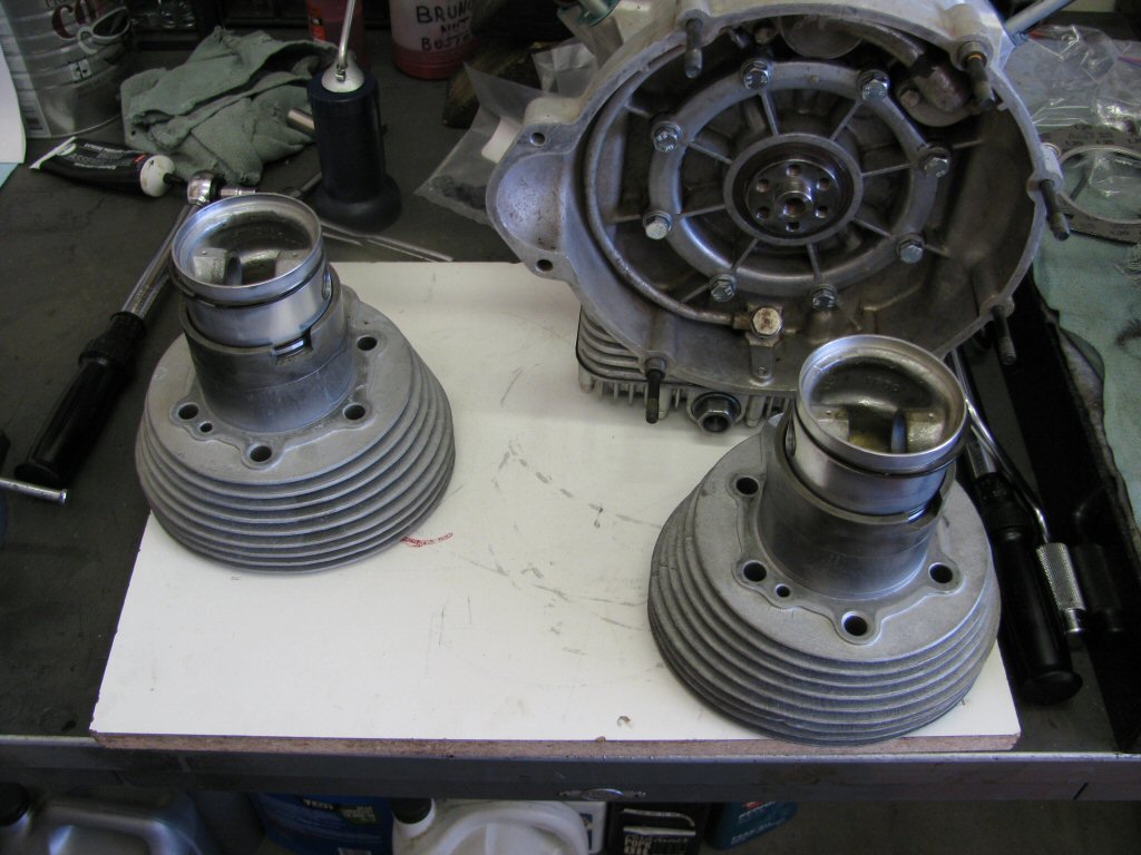 Pistons in place, ready to put on the connecting rods.