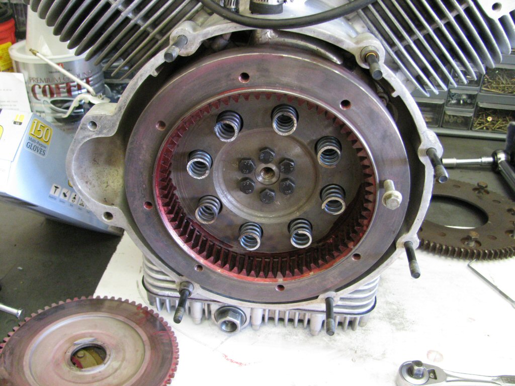 Flywheel torqued in place, hardened bolts with blue Loctite.