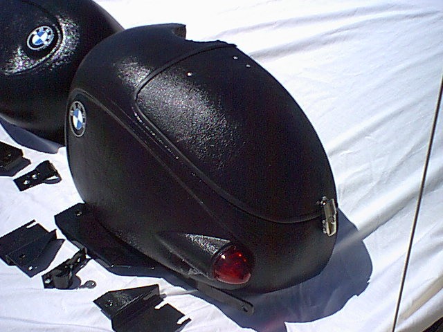 Endoro saddlebags for a BMW. Made by Luxor Marine. Shown here as an example only; shock relief will not fit a Moto Guzzi.