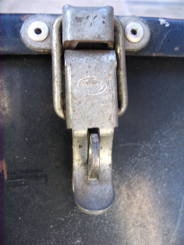 Right saddlebag: Close up of latch with CORBIN logo. LAPD saddlebags as used on Police versions of the Moto Guzzi V700, Ambassador, and Eldorado