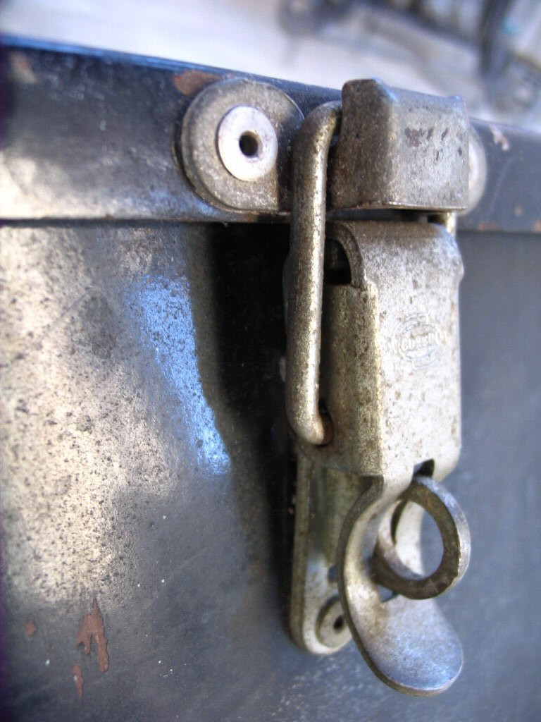 Right saddlebag: Close up of latch with CORBIN logo. LAPD saddlebags as used on Police versions of the Moto Guzzi V700, Ambassador, and Eldorado