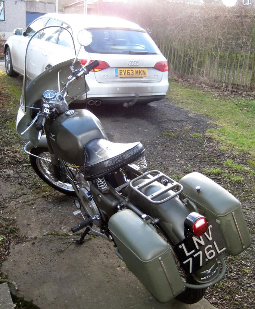 Jake Beatson's Moto Guzzi Nuovo Falcone with metal saddlebags.