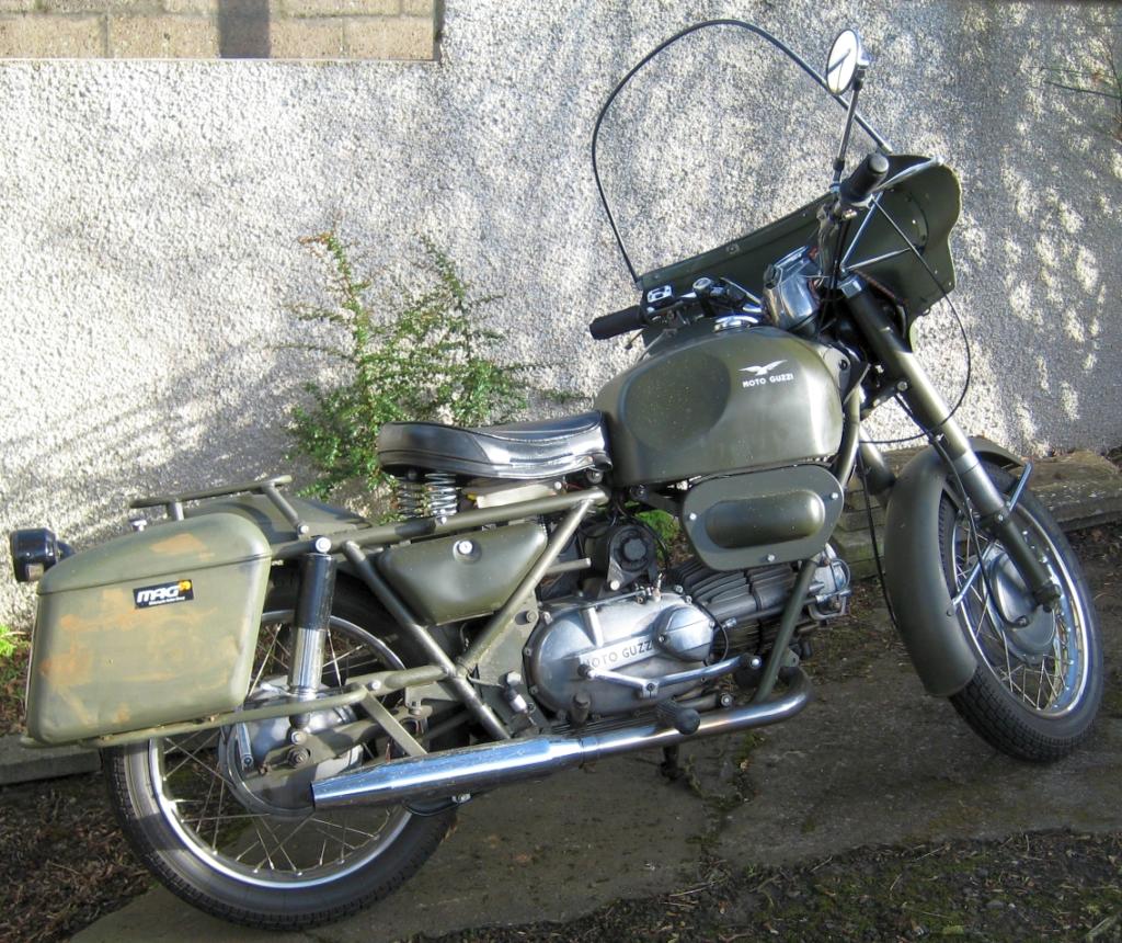 Jake Beatson's Moto Guzzi Nuovo Falcone with metal saddlebags.