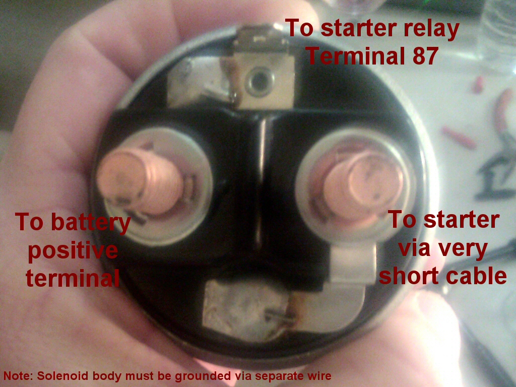 Common aftermarket solenoid for Magneti Marelli starters. Note that there are two 8 mm post terminals. The 8 mm post terminal that has a jumper to one of the soldered connections on the solenoid is the terminal that is connected directly to the starter via the very short wire. If this connection is reversed (with the other 8 mm post terminal), the solenoid will become very hot (and not function).