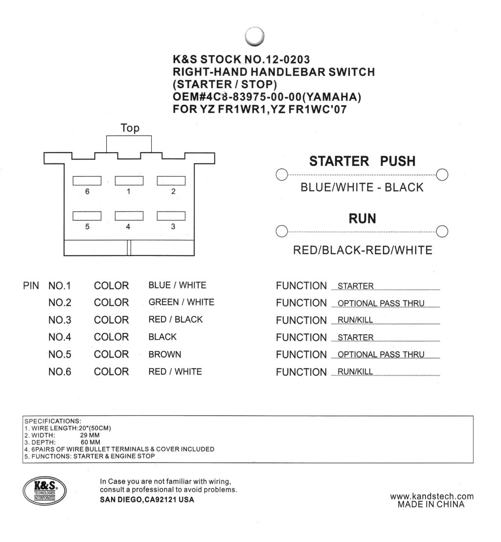 K&S 12-0203 universal handlebar switch: back of card packaged with the switch.