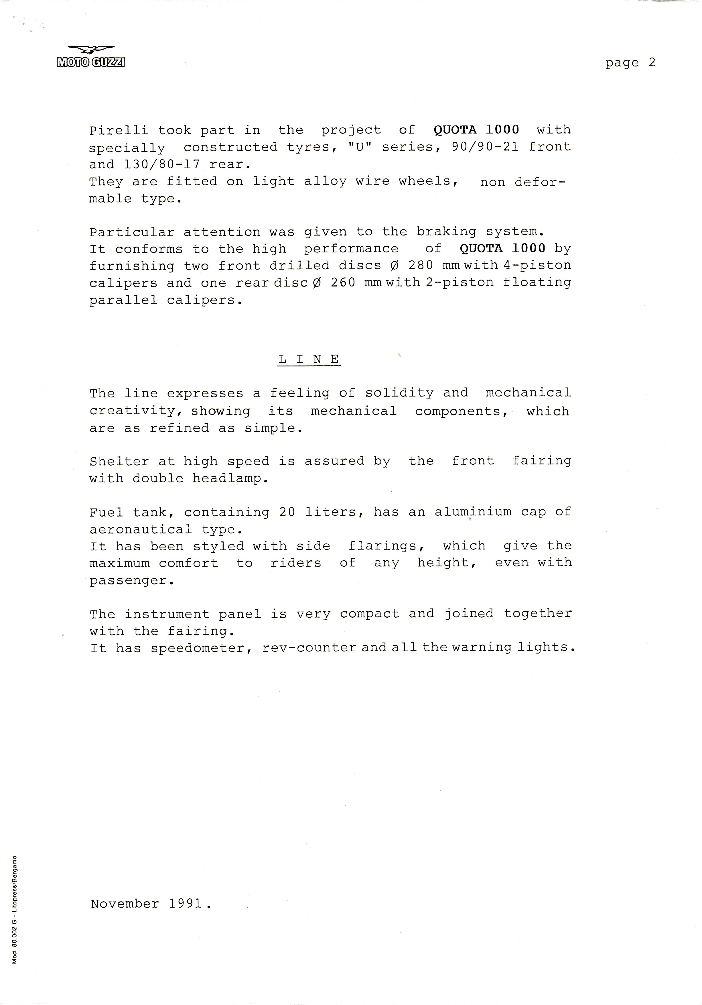 Press release - Moto Guzzi Quota 1000 technical specifications (1991 November)