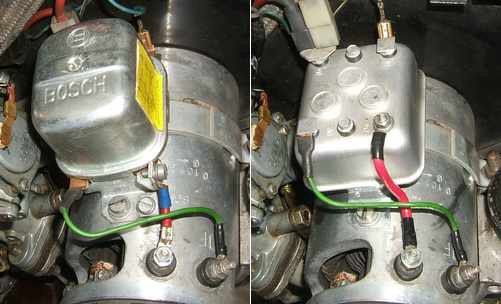 Mechanical (left) vs. electronic (right) wiring comparison on a Volkswagen beetle.